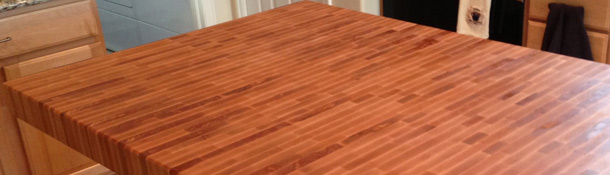 High quality end grain butcher block countertops in oak, poplar, American cherry, Brazilian cherry, maple, ash, walnut, knotty alder, beech, knotty pine, mahogany, hickory or Spanish cedar.