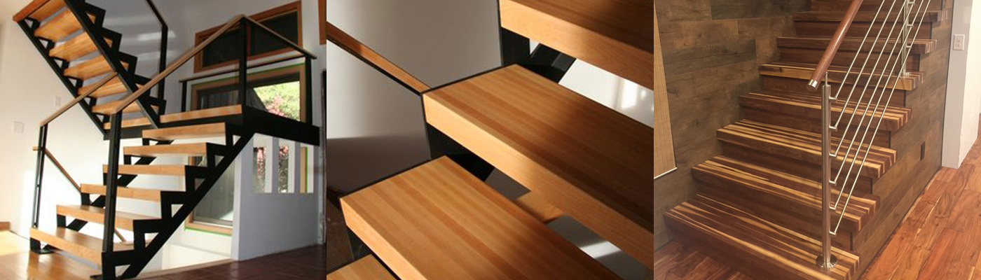 Butcher block stair treads in maple and sappy walnut, with a close-up of the tread construction